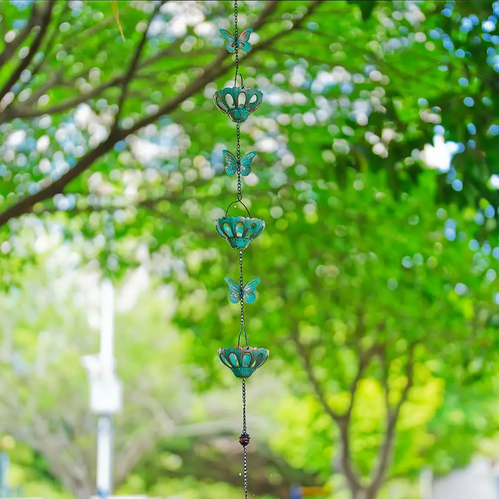 Qipade 12FT Rain Chains for Outside, Butterfly Rain Chain with 12 Cups | Durable Copper-Coated Metal - view 5