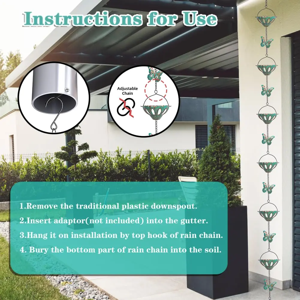 Qipade 12FT Rain Chains for Outside, Butterfly Rain Chain with 12 Cups | Durable Copper-Coated Metal - view 6