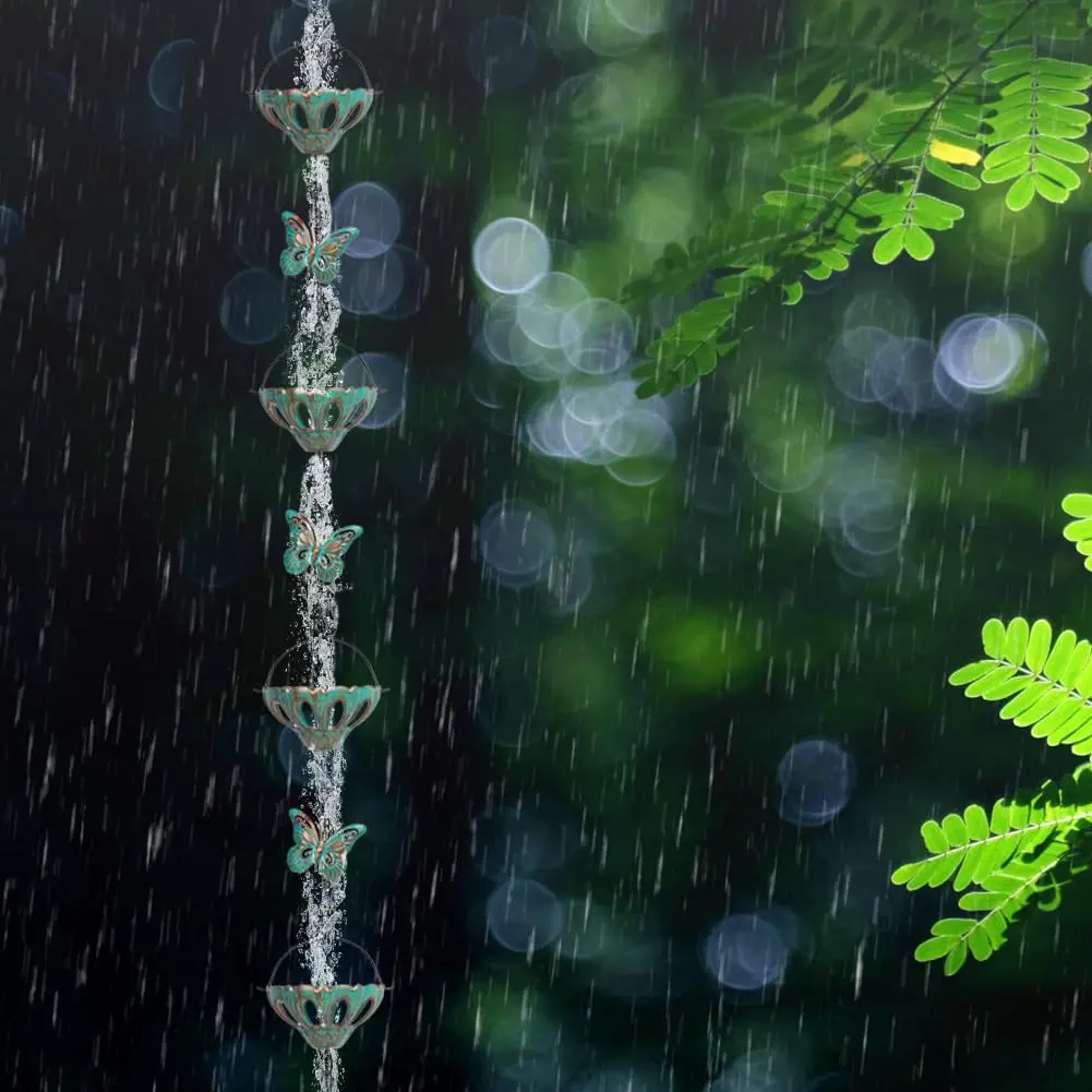 Qipade 12FT Rain Chains for Outside, Butterfly Rain Chain with 12 Cups | Durable Copper-Coated Metal - view 7
