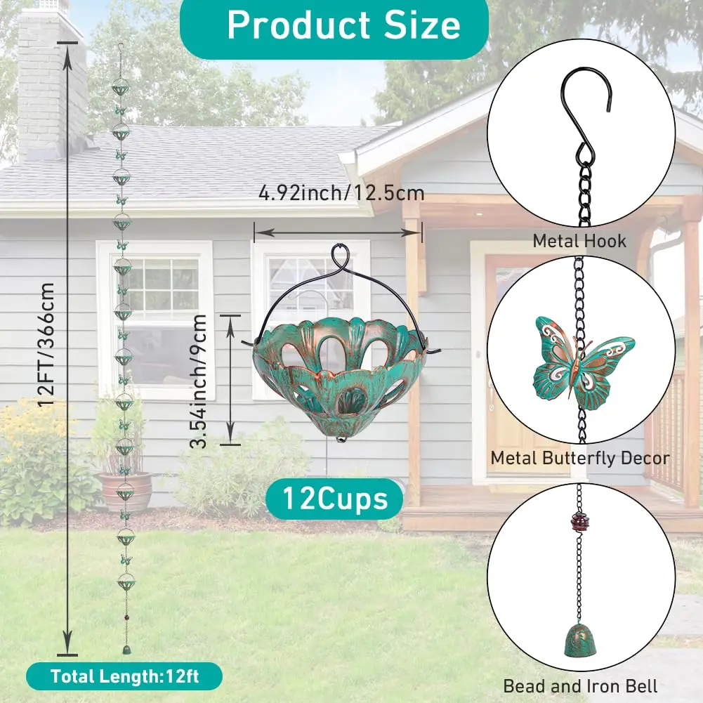 Qipade 12FT Rain Chains for Outside, Butterfly Rain Chain with 12 Cups | Durable Copper-Coated Metal - view 2