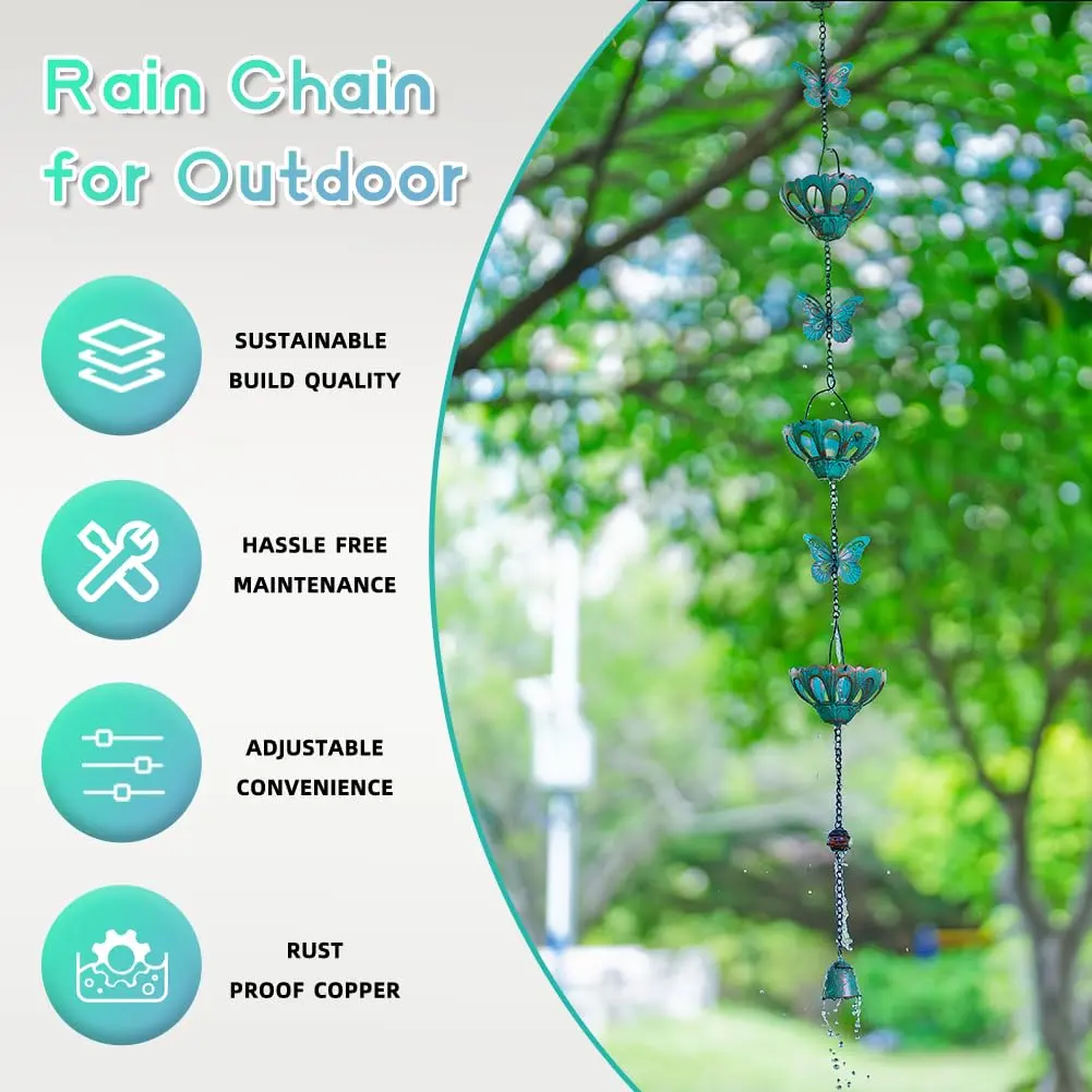 Qipade 12FT Rain Chains for Outside, Butterfly Rain Chain with 12 Cups | Durable Copper-Coated Metal - view 3
