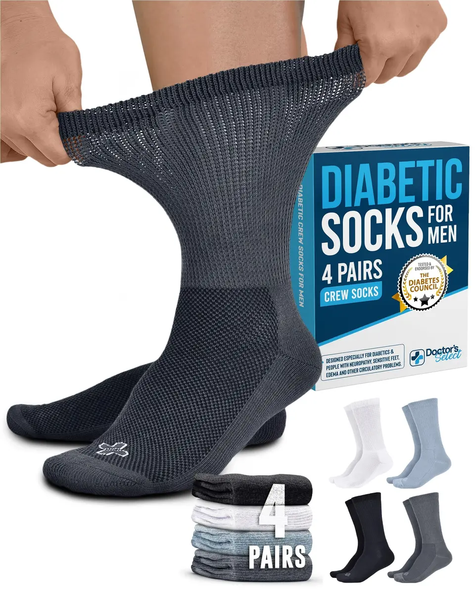 Doctor's Select Diabetic Socks for Men - 4 Pairs Crew Moisture Management | Non Binding, Breathable, Moisture-Wicking - main product image