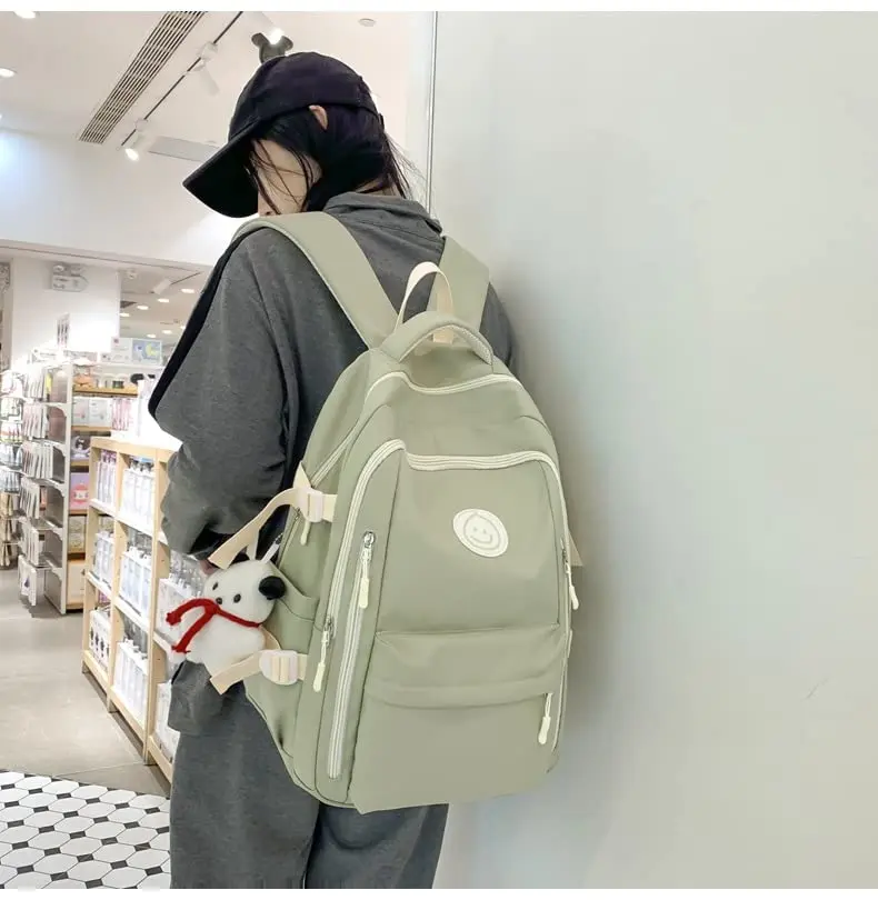 MININAI Preppy Backpack with Cute Pendant Women Smile Face Laptop Backpack Sage Green | Lightweight College Bag - view 4