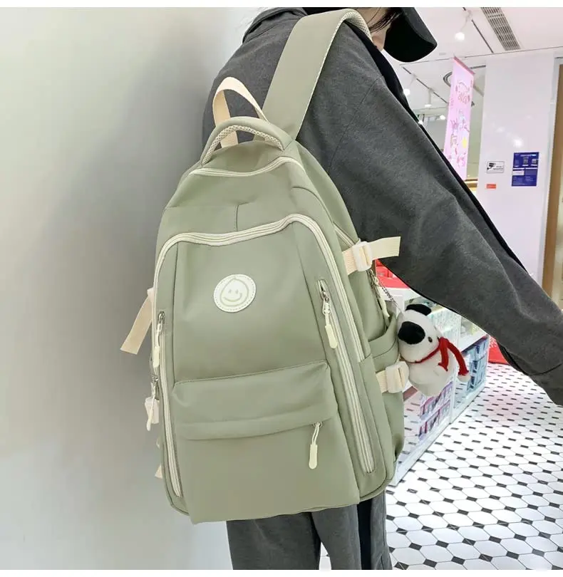 MININAI Preppy Backpack with Cute Pendant Women Smile Face Laptop Backpack Sage Green | Lightweight College Bag - view 7