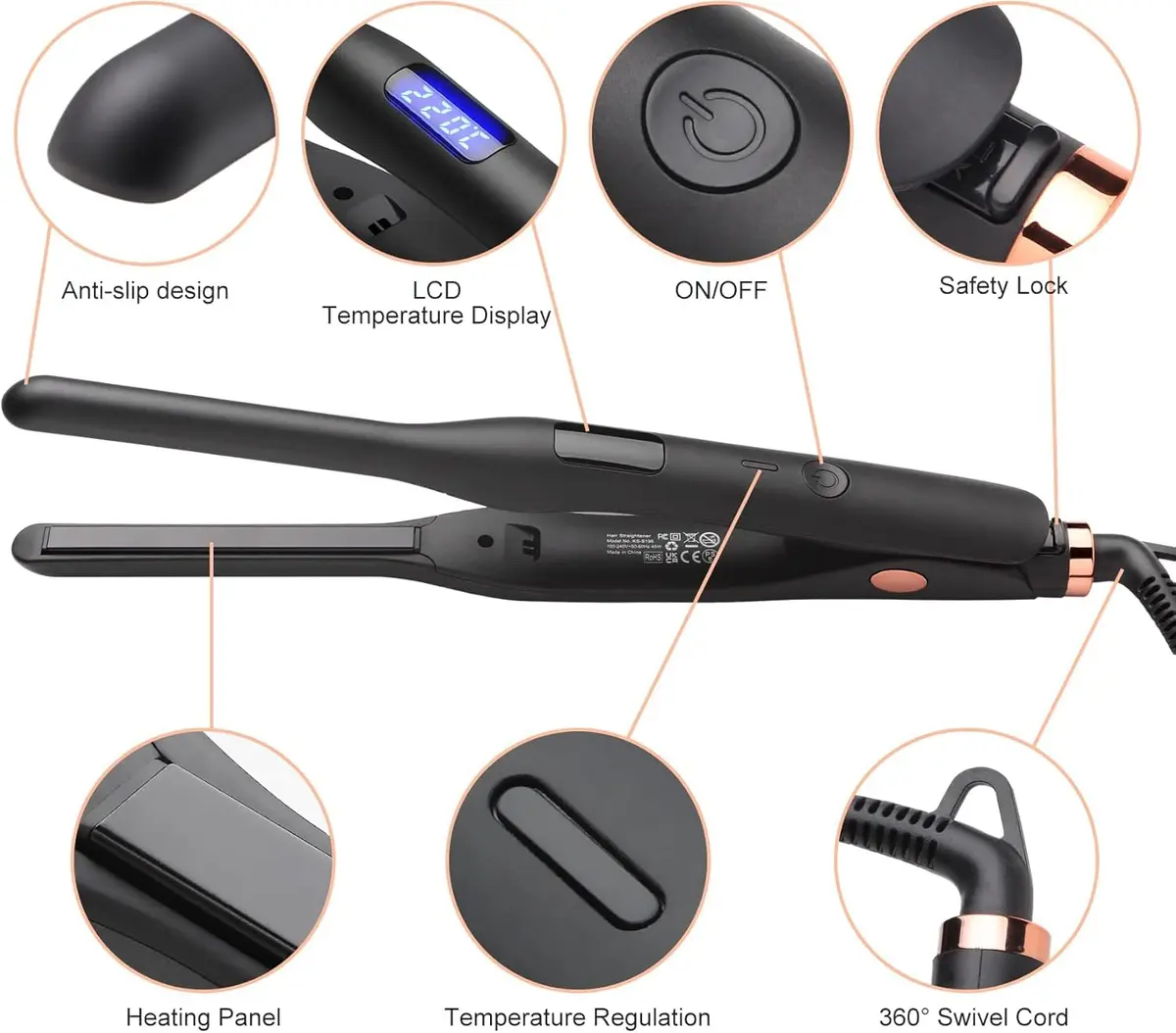 JAETON 3/10" Pencil Flat Iron with 13 Temp Setting Ceramic Small Hair Straightener | Professional Mini for Short Hair & Beard - view 5