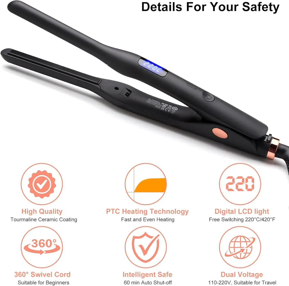 JAETON 3/10" Pencil Flat Iron with 13 Temp Setting Ceramic Small Hair Straightener | Professional Mini for Short Hair & Beard - view 3