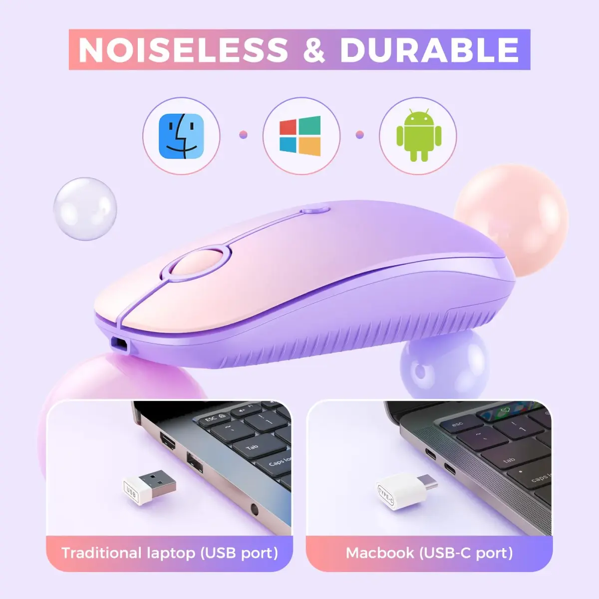 VssoPlor Type-C Wireless Mouse, Dual Mode 2.4G Cordless Mouse with USB & Type-C Receiver, Gradient Purple | Ergonomic Design for PC, Laptop, MacBook - view 2