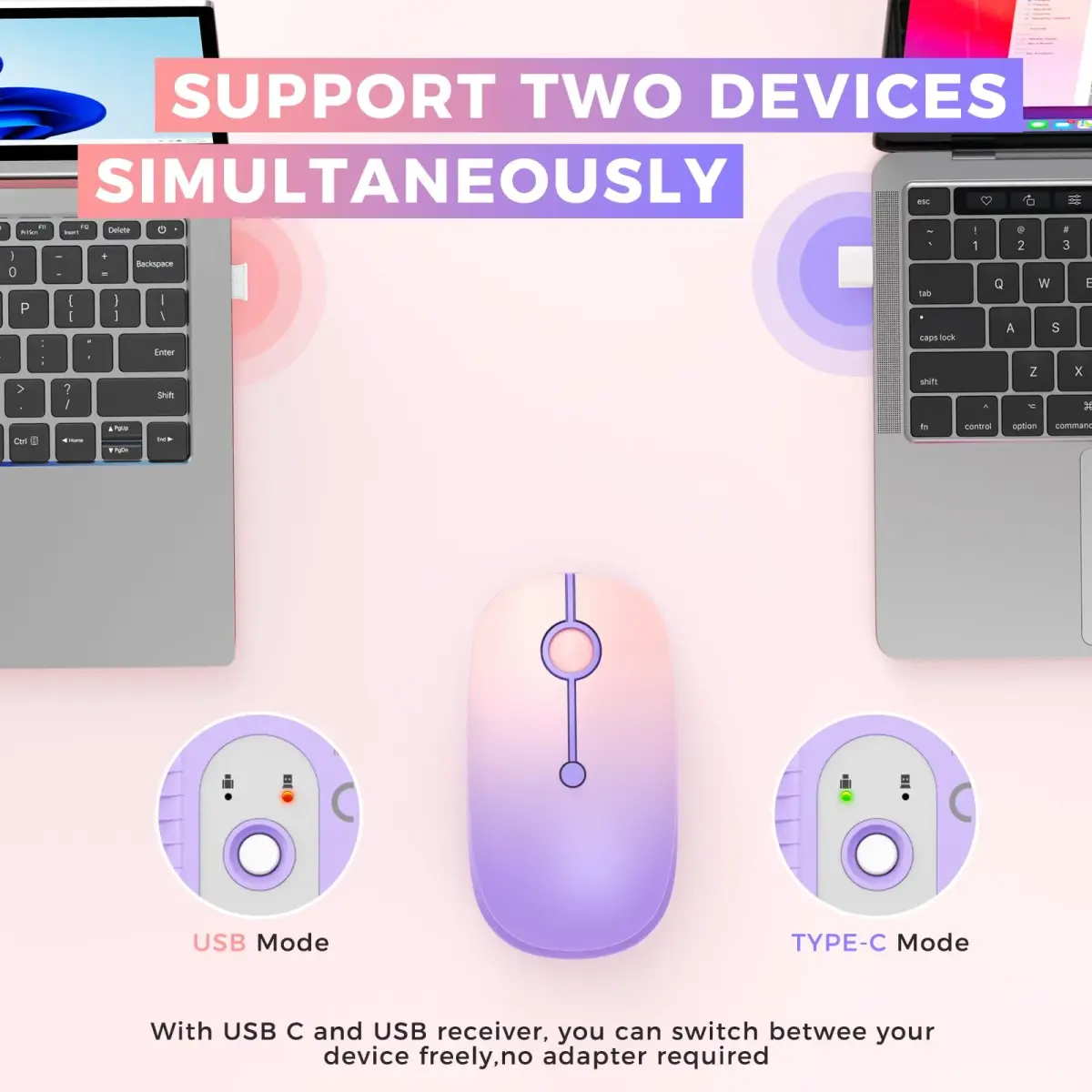 VssoPlor Type-C Wireless Mouse, Dual Mode 2.4G Cordless Mouse with USB & Type-C Receiver, Gradient Purple | Ergonomic Design for PC, Laptop, MacBook - view 3