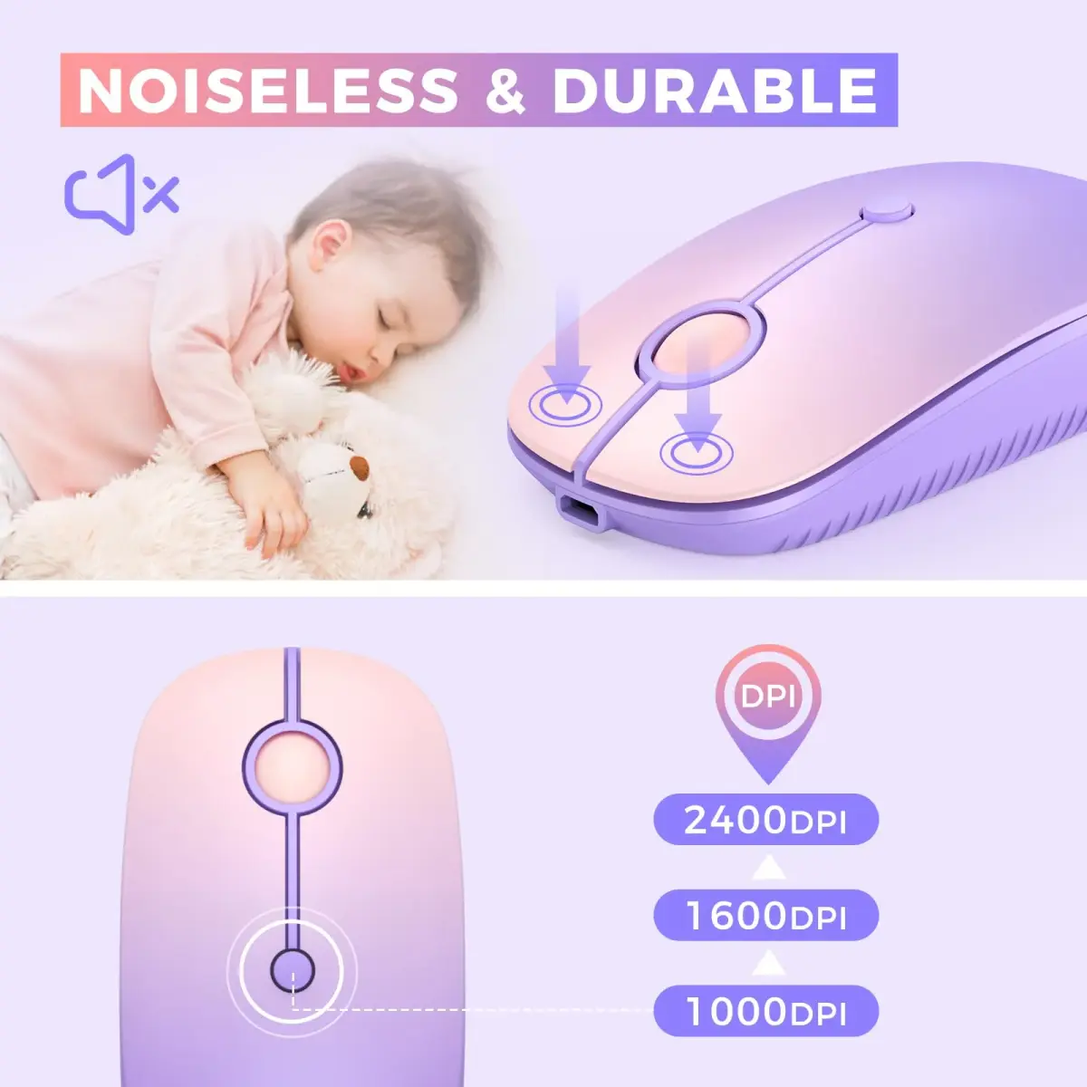 VssoPlor Type-C Wireless Mouse, Dual Mode 2.4G Cordless Mouse with USB & Type-C Receiver, Gradient Purple | Ergonomic Design for PC, Laptop, MacBook - view 4