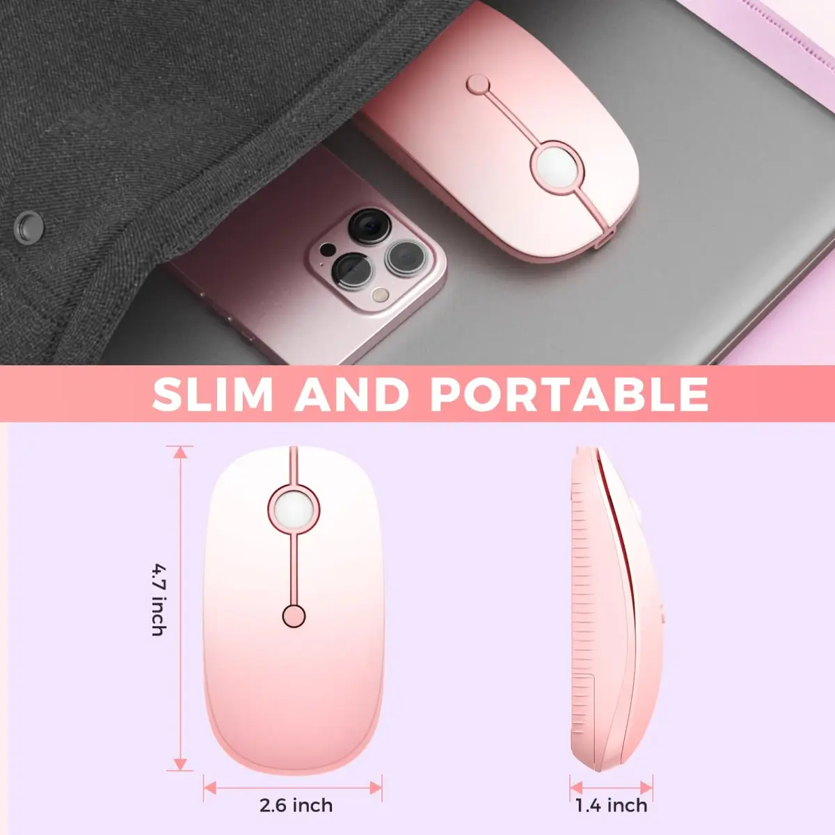 VssoPlor Type-C Wireless Mouse, Dual Mode 2.4G Cordless Mouse with USB & Type-C Receiver, Gradient Pink | Ergonomic Design for PC, Laptop, MacBook - view 6