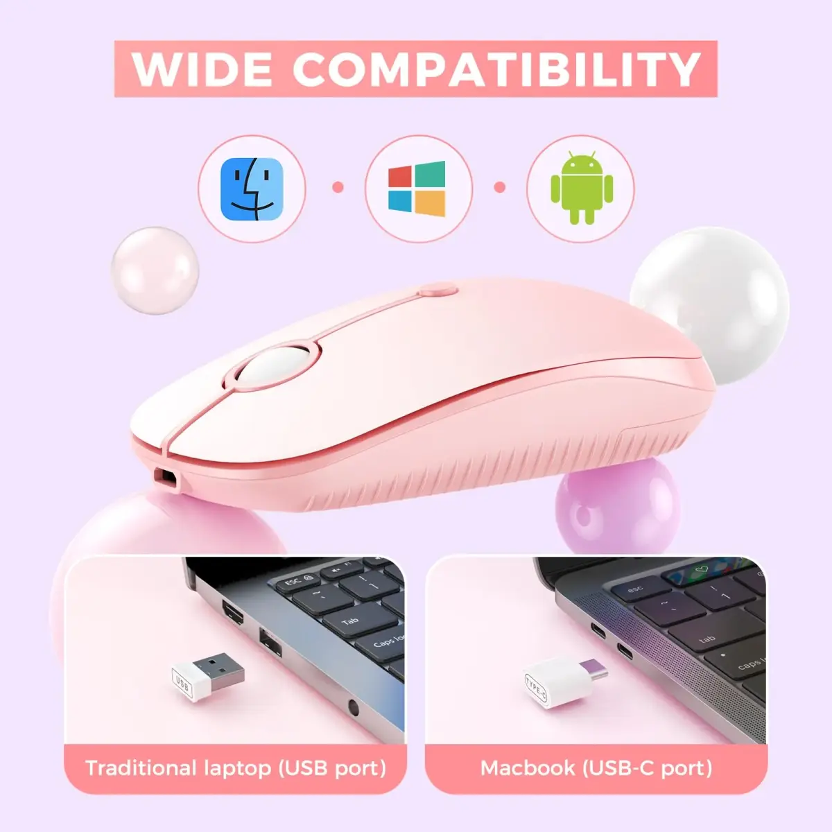 VssoPlor Type-C Wireless Mouse, Dual Mode 2.4G Cordless Mouse with USB & Type-C Receiver, Gradient Pink | Ergonomic Design for PC, Laptop, MacBook - view 2