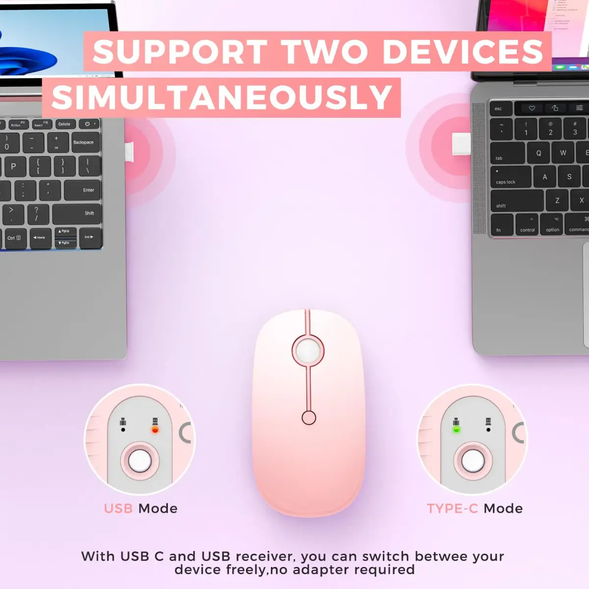 VssoPlor Type-C Wireless Mouse, Dual Mode 2.4G Cordless Mouse with USB & Type-C Receiver, Gradient Pink | Ergonomic Design for PC, Laptop, MacBook - view 3
