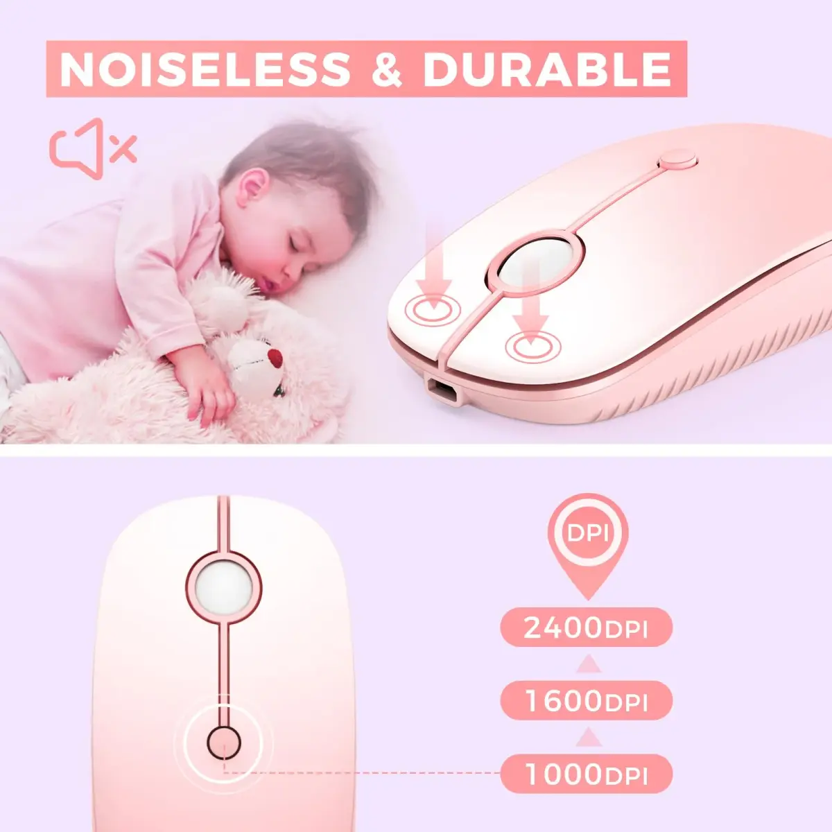 VssoPlor Type-C Wireless Mouse, Dual Mode 2.4G Cordless Mouse with USB & Type-C Receiver, Gradient Pink | Ergonomic Design for PC, Laptop, MacBook - view 4