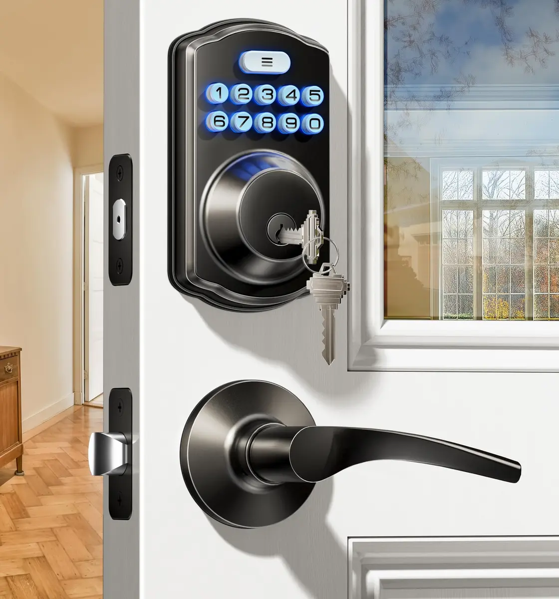 Veise KS01B Keypad Door Lock with 2 Lever Handles Set, Matte Black | Keyless Entry & Auto Lock - main product image