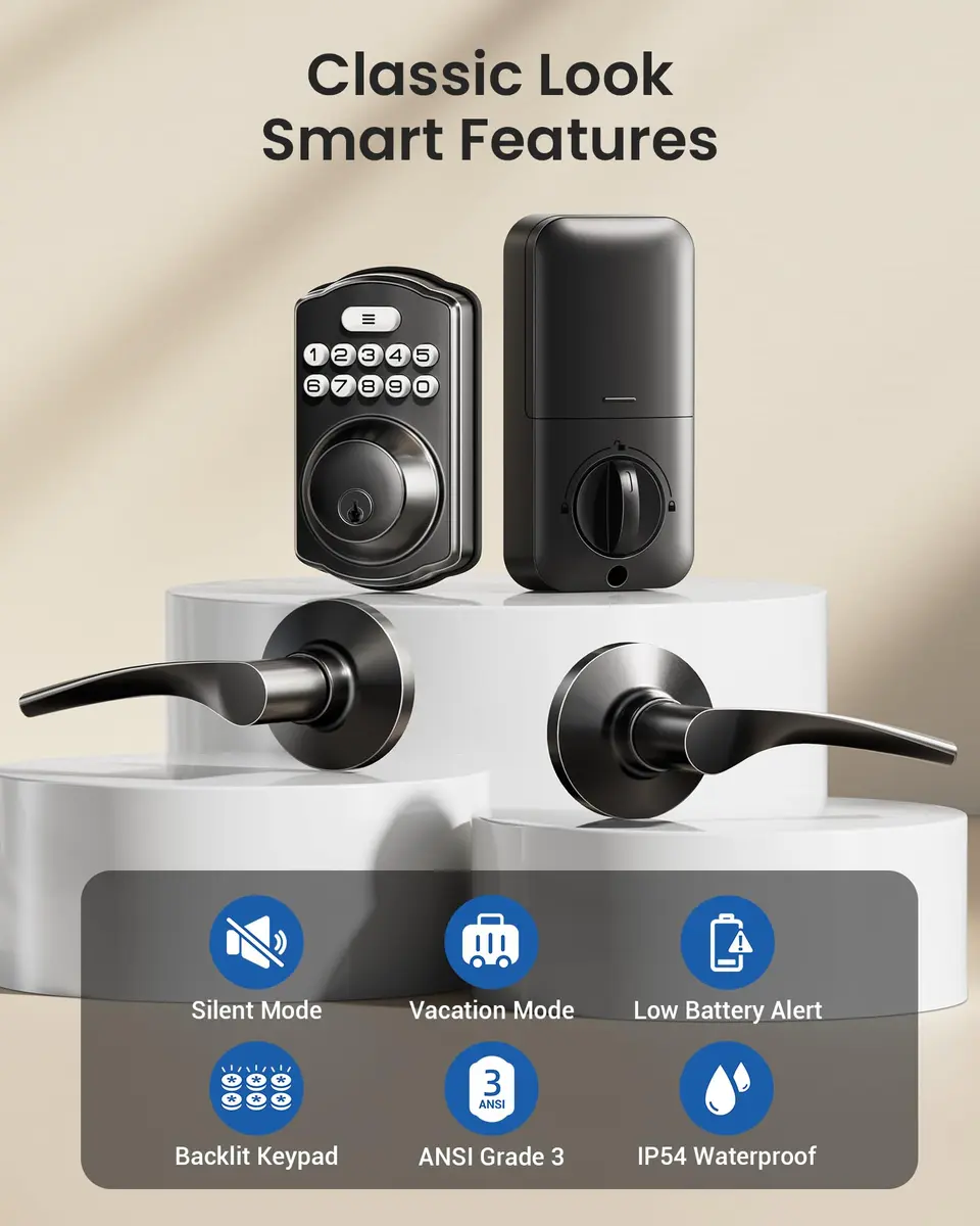 Veise KS01B Keypad Door Lock with 2 Lever Handles Set, Matte Black | Keyless Entry & Auto Lock - view 4