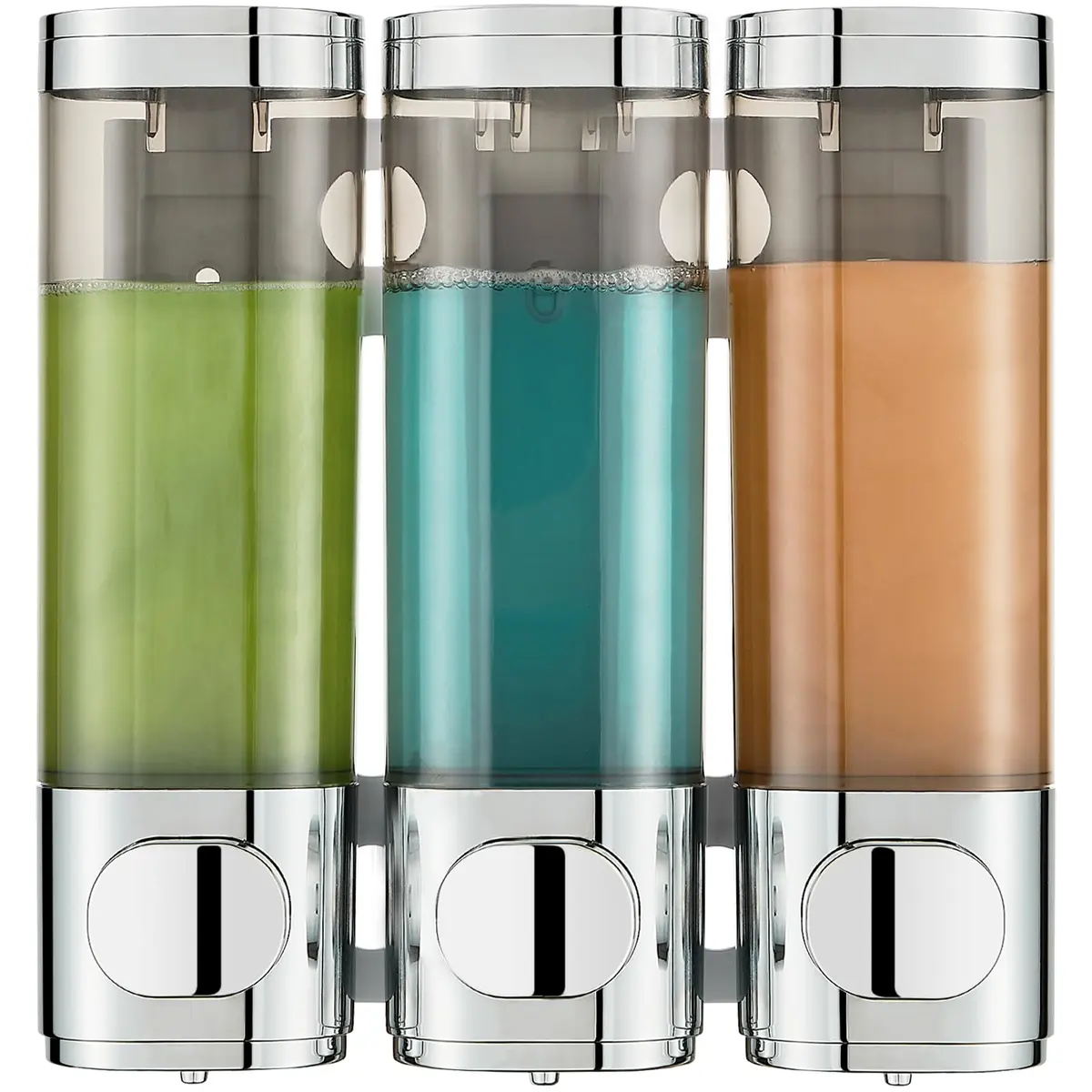Pollock Shampoo and Conditioner Dispenser No Drill 3 Chamber | Bright Silver Wall Mount - main product image