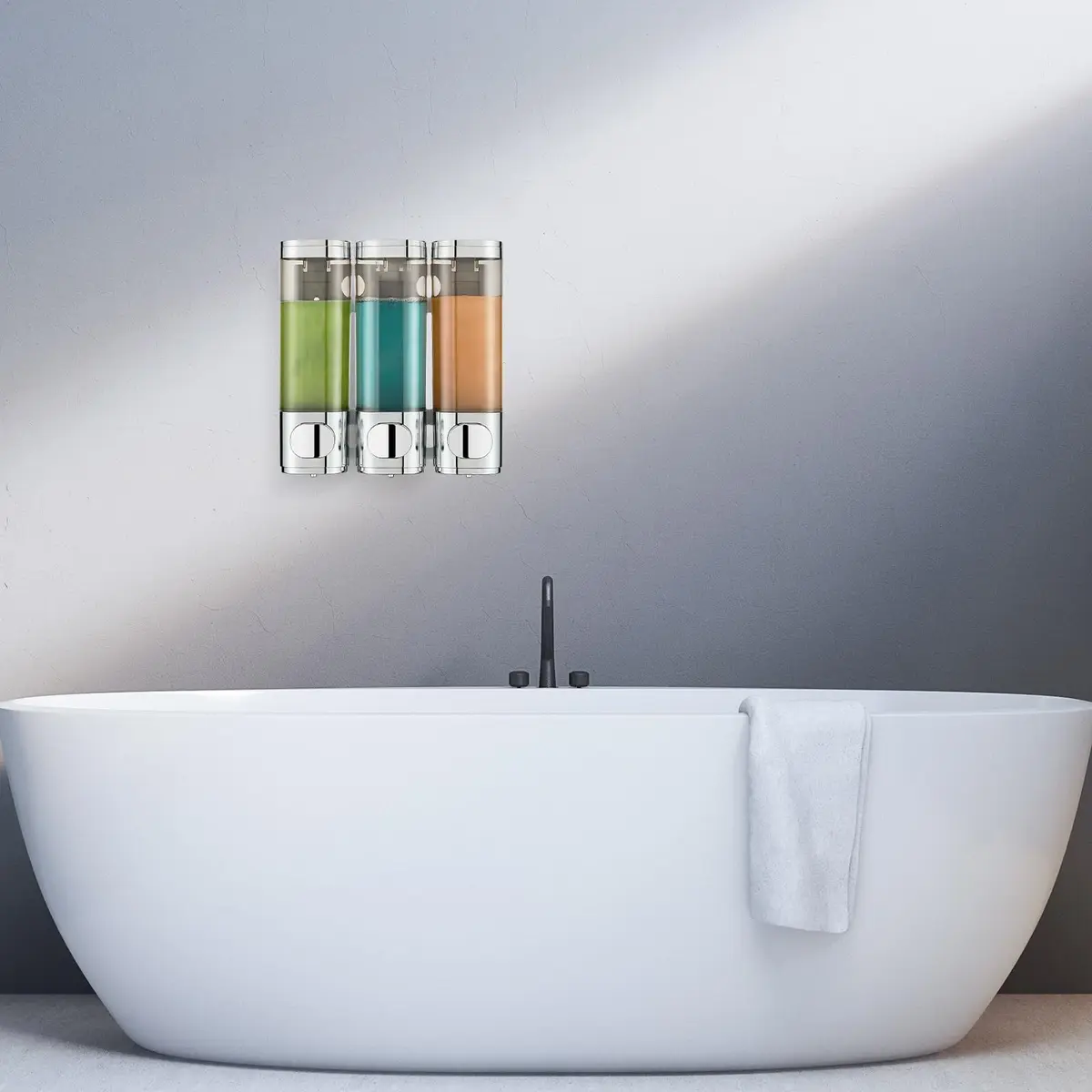 Pollock Shampoo and Conditioner Dispenser No Drill 3 Chamber | Bright Silver Wall Mount - view 8