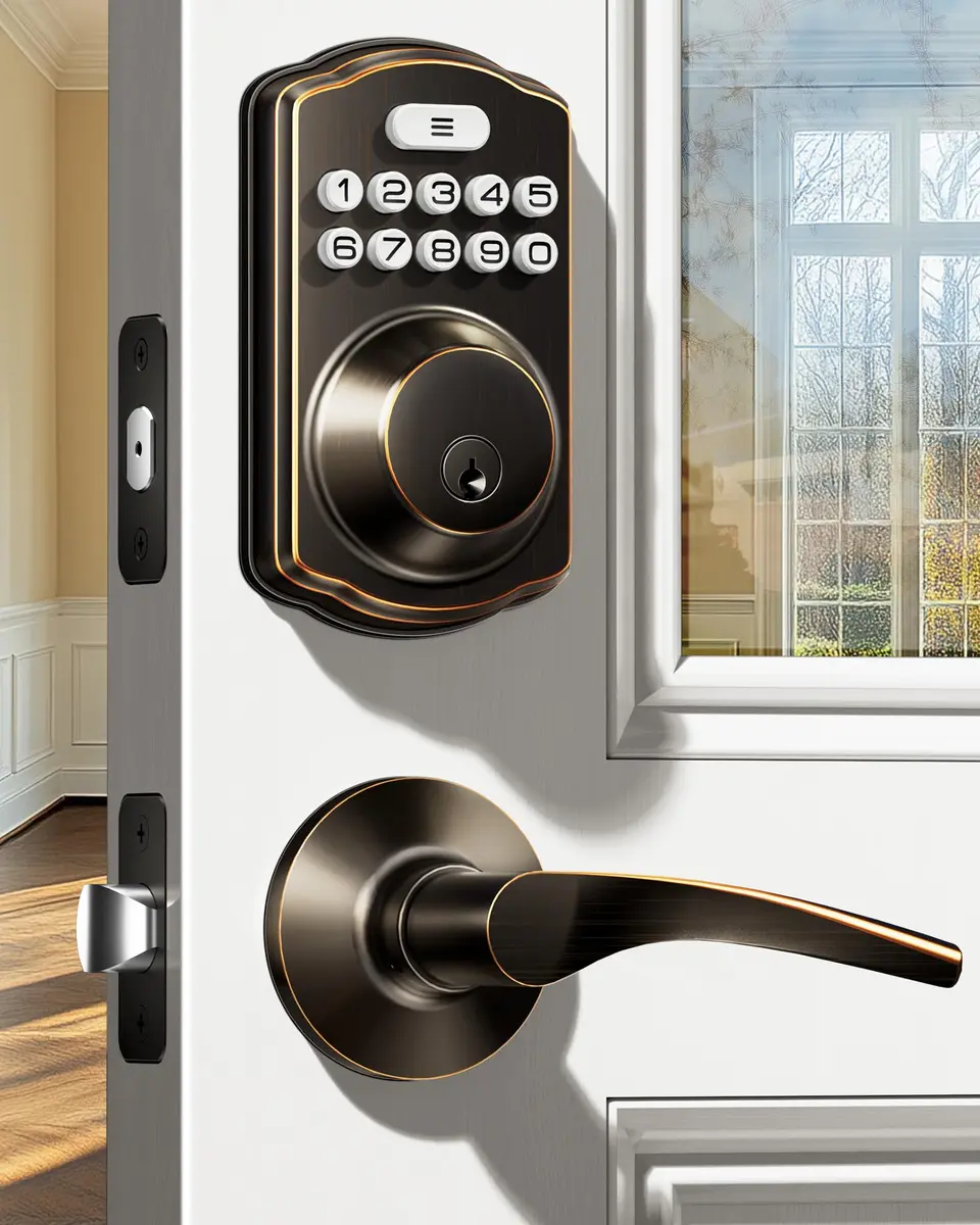 Veise KS01B Keypad Door Lock with 2 Lever Handles Set, Oil Rubbed Bronze | Smart Keyless Entry & Auto Lock - main product image