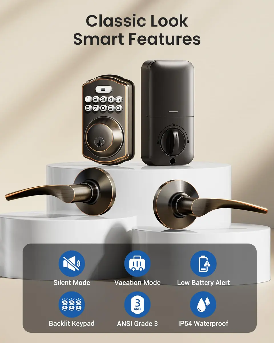 Veise KS01B Keypad Door Lock with 2 Lever Handles Set, Oil Rubbed Bronze | Smart Keyless Entry & Auto Lock - view 4