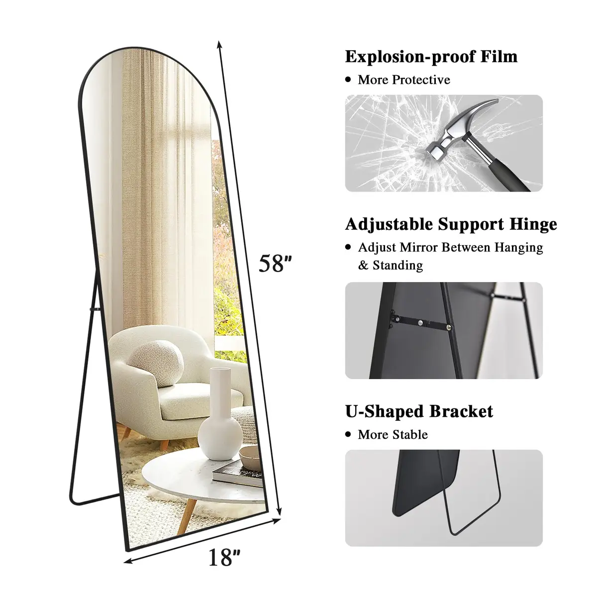 Anpark Black Arched Mirror Full Length 58" | Full Body Standing Wall Mirror for Bedroom & Living Room - view 5
