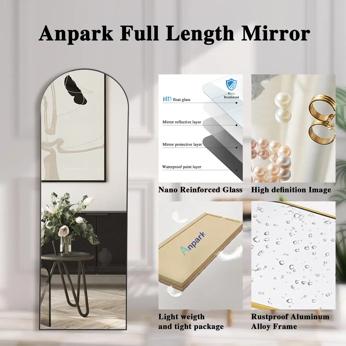 Anpark Black Arched Mirror Full Length 58" | Full Body Standing Wall Mirror for Bedroom & Living Room - view 7