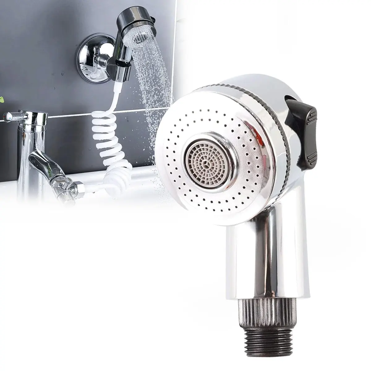 Qusmeiyici Showerhead with Side Control Button | Stainless Steel Adjustable Hair Wash Head - main product image