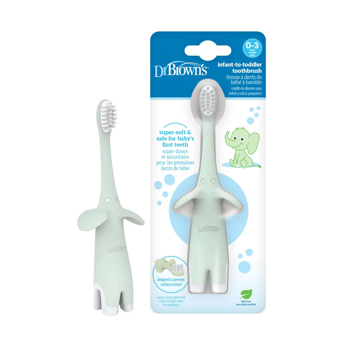 Dr. Brown's Infant-to-Toddler Toothbrush, Mint Elephant, 0-3 Years | BPA-Free, Soft Bristles - main product image