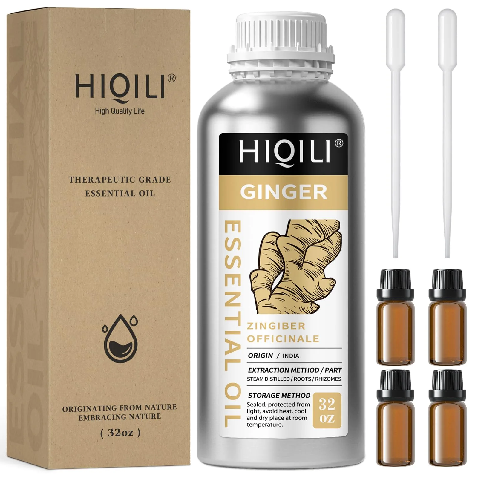 HIQILI Ginger Essential Oil for Hair, Massage, Skin (32 Fl Oz / 1000ml) | Authentic USA Import - main product image