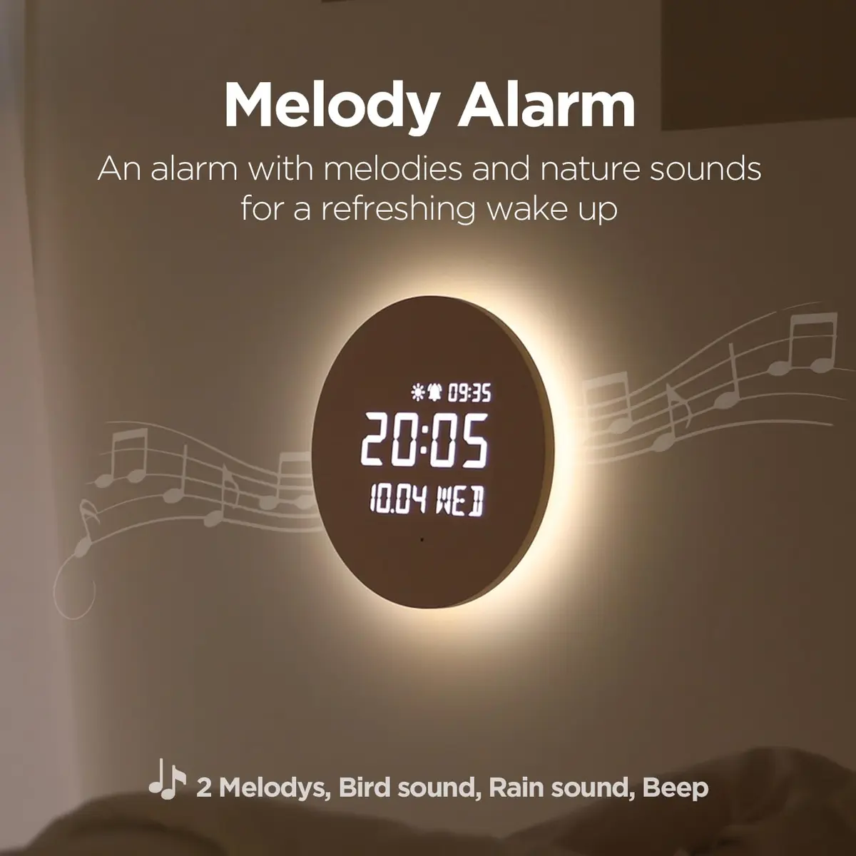 mooas Full Moon LED Silent Wooden Digital Wall Clock with Remote Control, 11.6 in (29.5 cm) Round | Sunrise Alarm & Nightlight - view 5