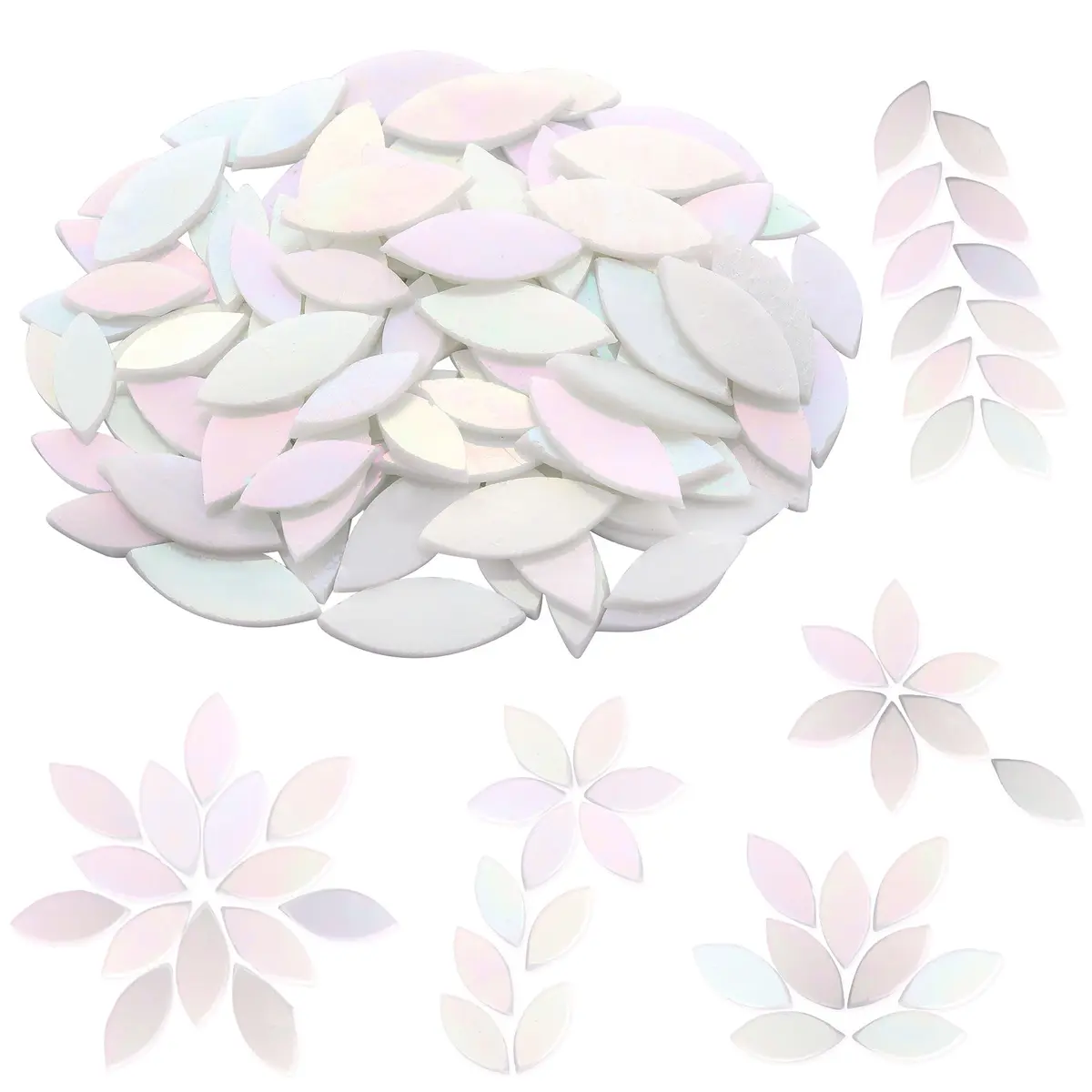 Yoption Iridescent Glass Petal Mosaic Tiles 100 Pieces | Hand-Cut White for Crafts & Home Decor - main product image