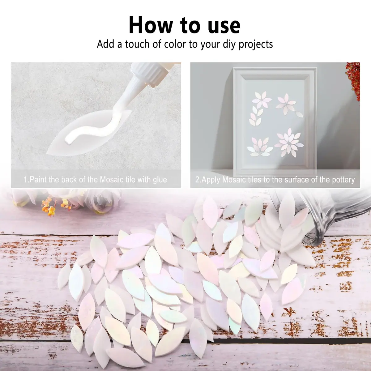 Yoption Iridescent Glass Petal Mosaic Tiles 100 Pieces | Hand-Cut White for Crafts & Home Decor - view 6