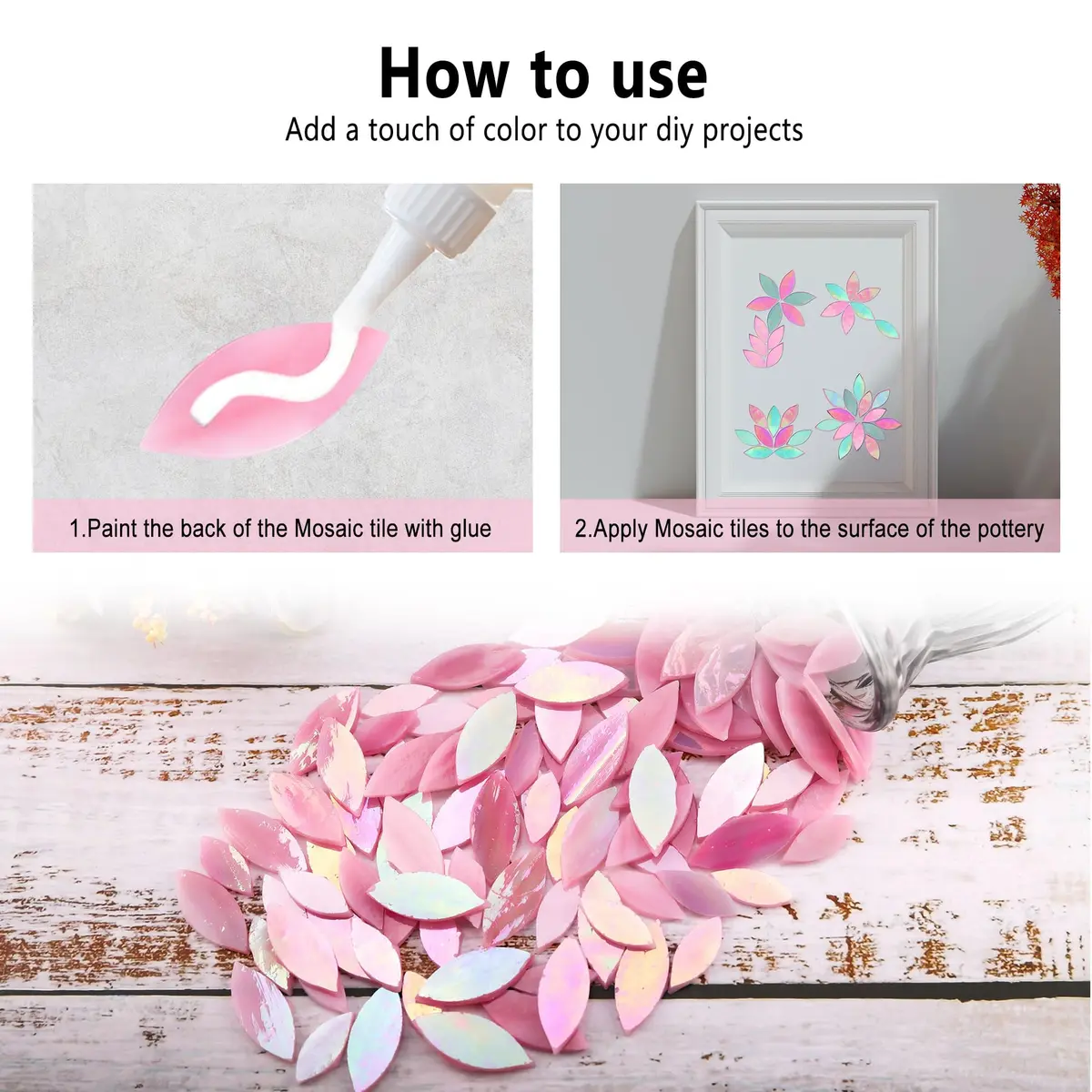 Yoption Iridescent Pink Glass Petal Mosaic Tiles | Hand-Cut Craft Tiles for Home & Crafts (1.4 x 0.6 inches) - view 6