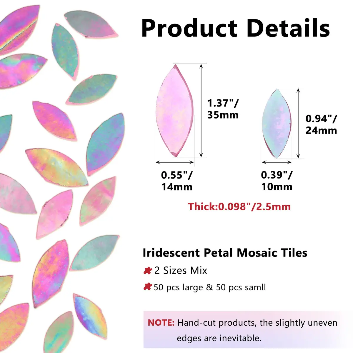 Yoption Iridescent Pink Glass Petal Mosaic Tiles | Hand-Cut Craft Tiles for Home & Crafts (1.4 x 0.6 inches) - view 4