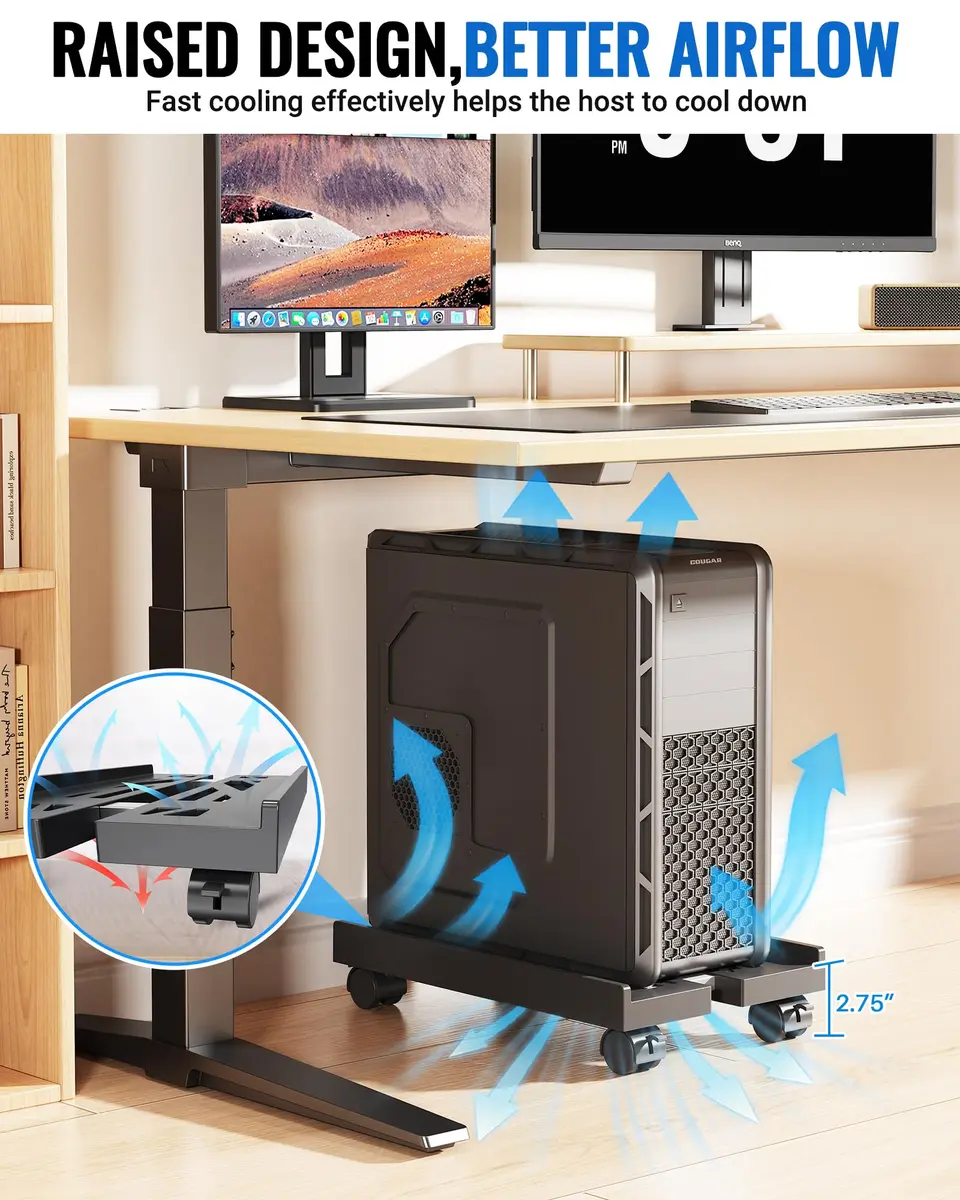 Hovadova Adjustable Computer Tower Stand Black | Ventilated Mobile CPU Holder with Locking Wheels - view 6