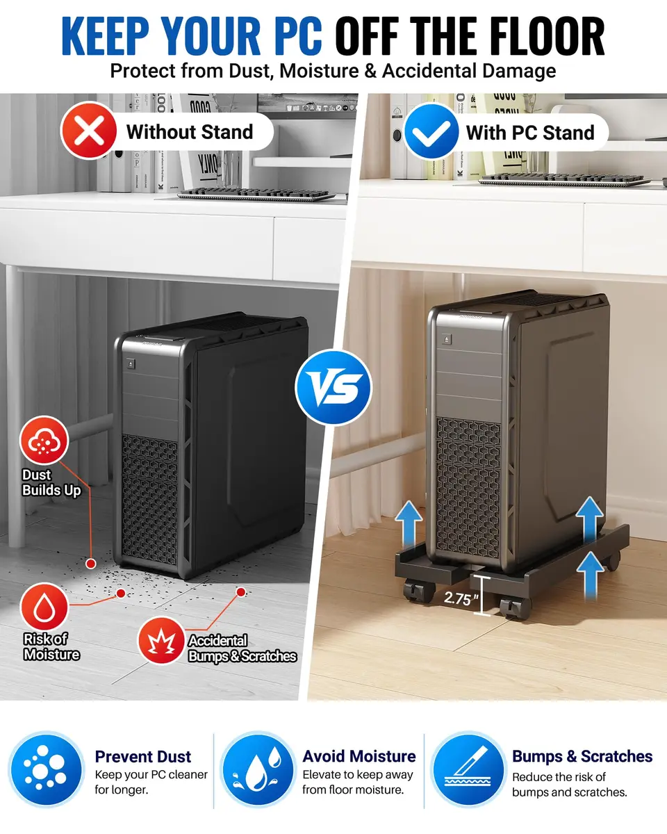 Hovadova Adjustable Computer Tower Stand Black | Ventilated Mobile CPU Holder with Locking Wheels - view 7