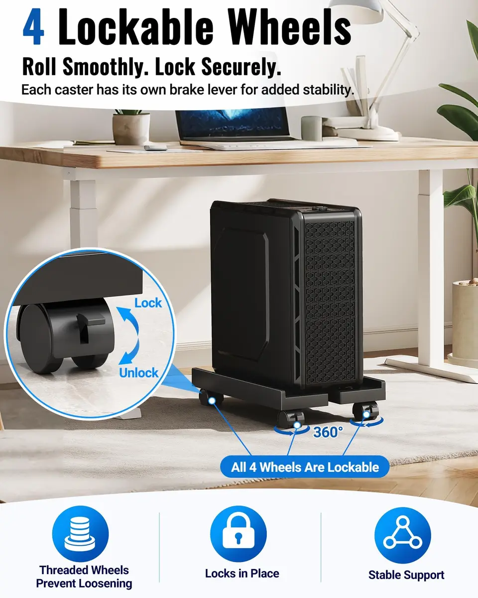 Hovadova Adjustable Computer Tower Stand Black | Ventilated Mobile CPU Holder with Locking Wheels - view 8