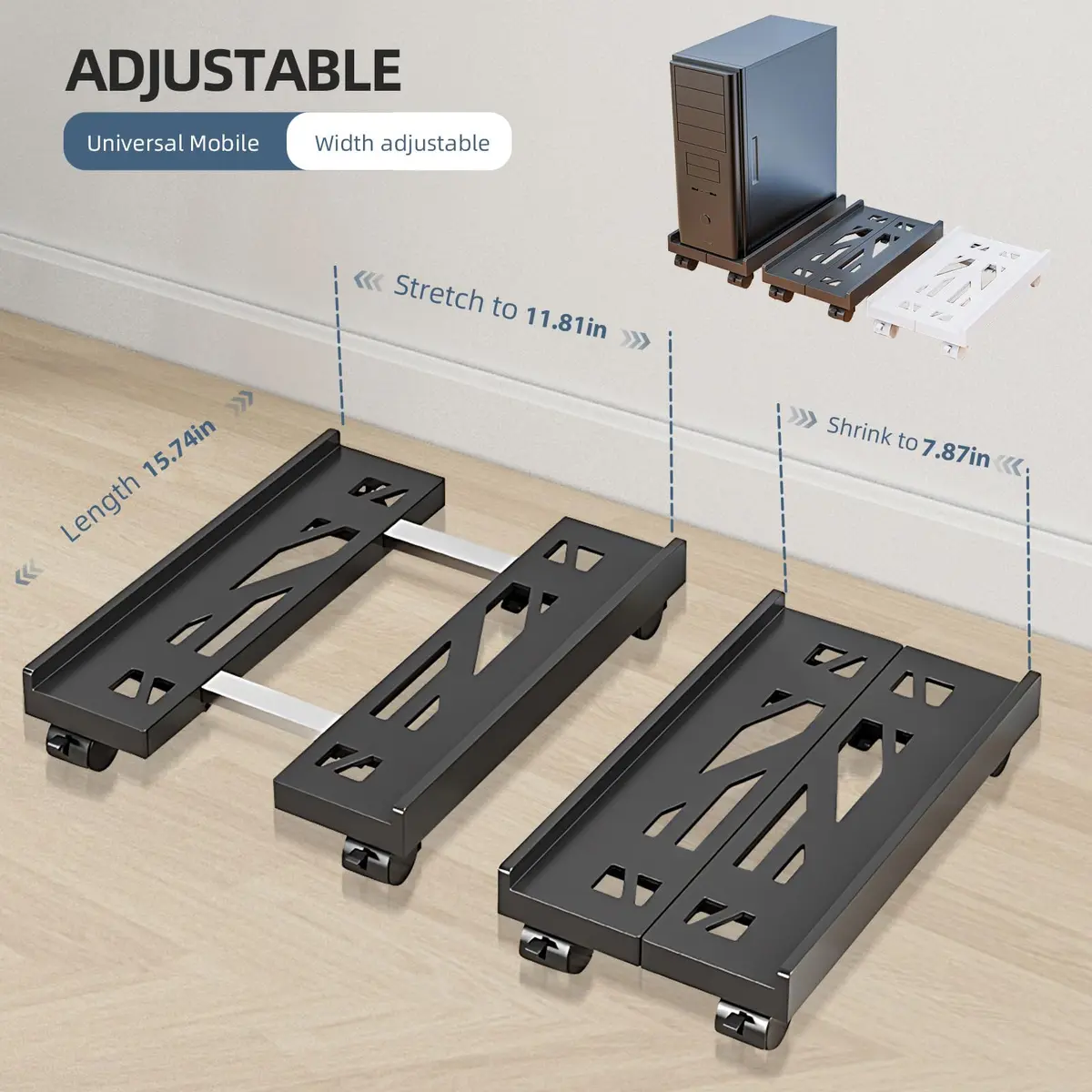Hovadova Adjustable Computer Tower Stand Black | Ventilated Mobile CPU Holder with Locking Wheels - view 2