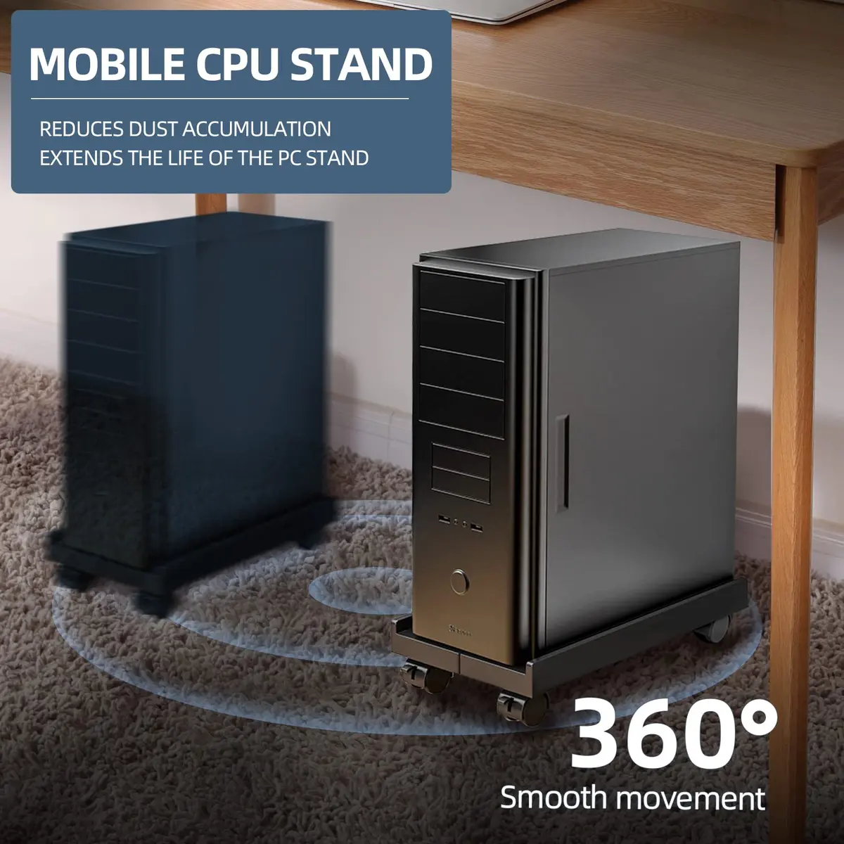 Hovadova Adjustable Computer Tower Stand Black | Ventilated Mobile CPU Holder with Locking Wheels - view 3