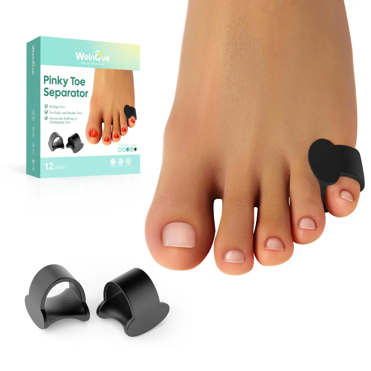 Welnove Pinky Toe Separator, 12 Pcs Black Gel Toe Spacers for Feet, Bunions, Overlapping Toes, Unisex, 1 Pack | Realign & Relieve Pressure - main product image