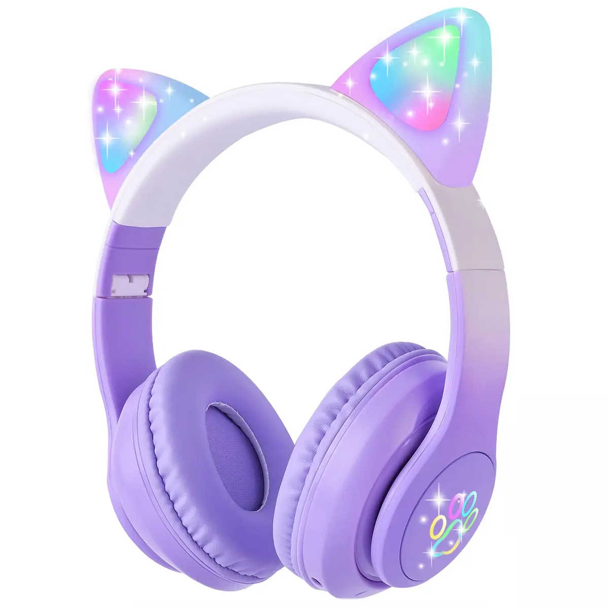 HOYJACY Kids Bluetooth Headphones with LED Cat Ears | Wireless & Wired, Foldable, 40mm Stereo, Microphone, Purple - main product image