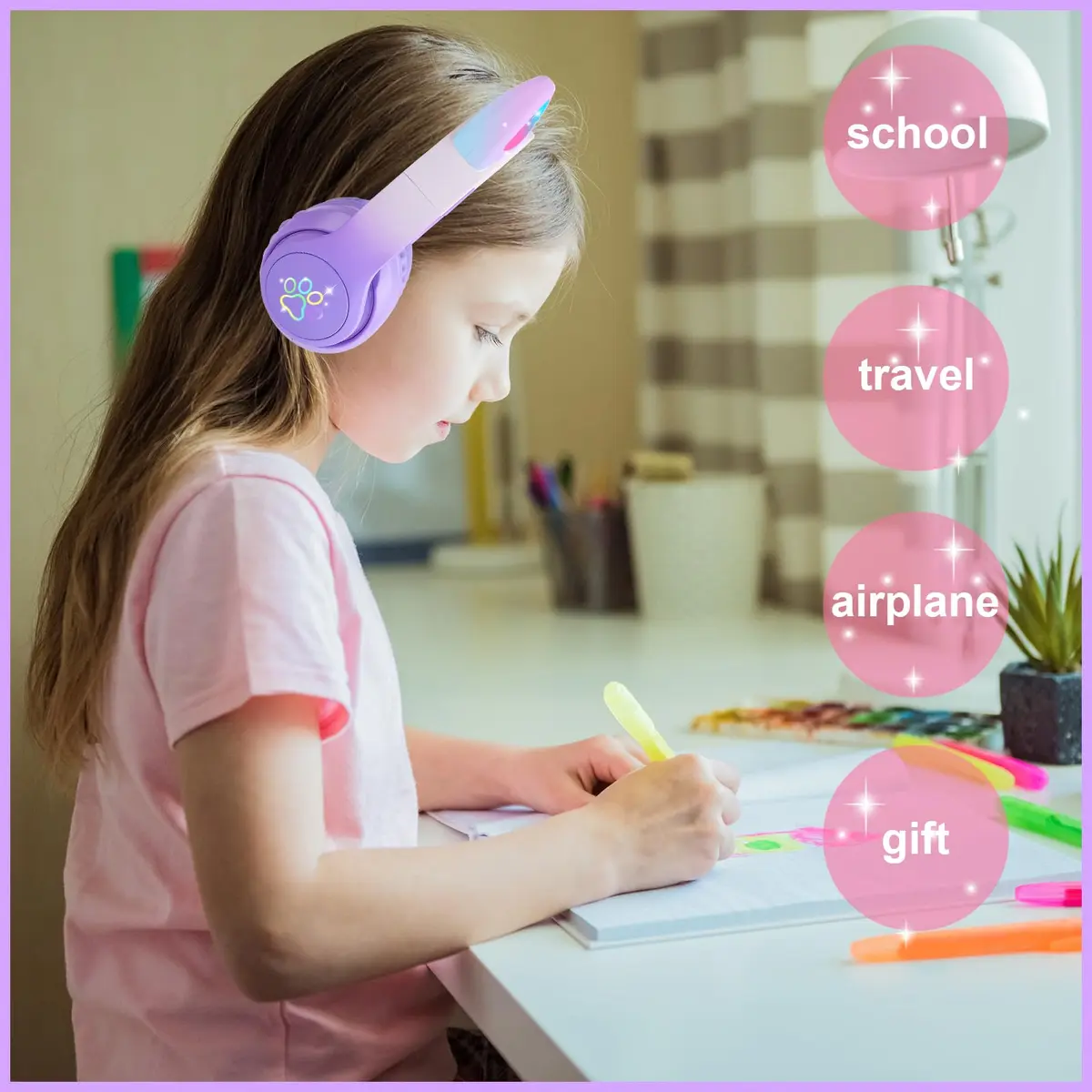 HOYJACY Kids Bluetooth Headphones with LED Cat Ears | Wireless & Wired, Foldable, 40mm Stereo, Microphone, Purple - view 2
