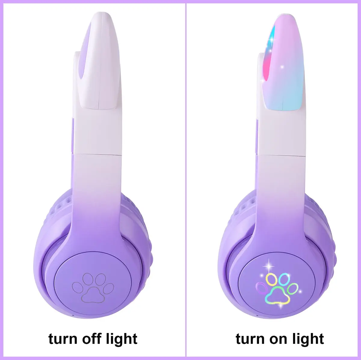 HOYJACY Kids Bluetooth Headphones with LED Cat Ears | Wireless & Wired, Foldable, 40mm Stereo, Microphone, Purple - view 3