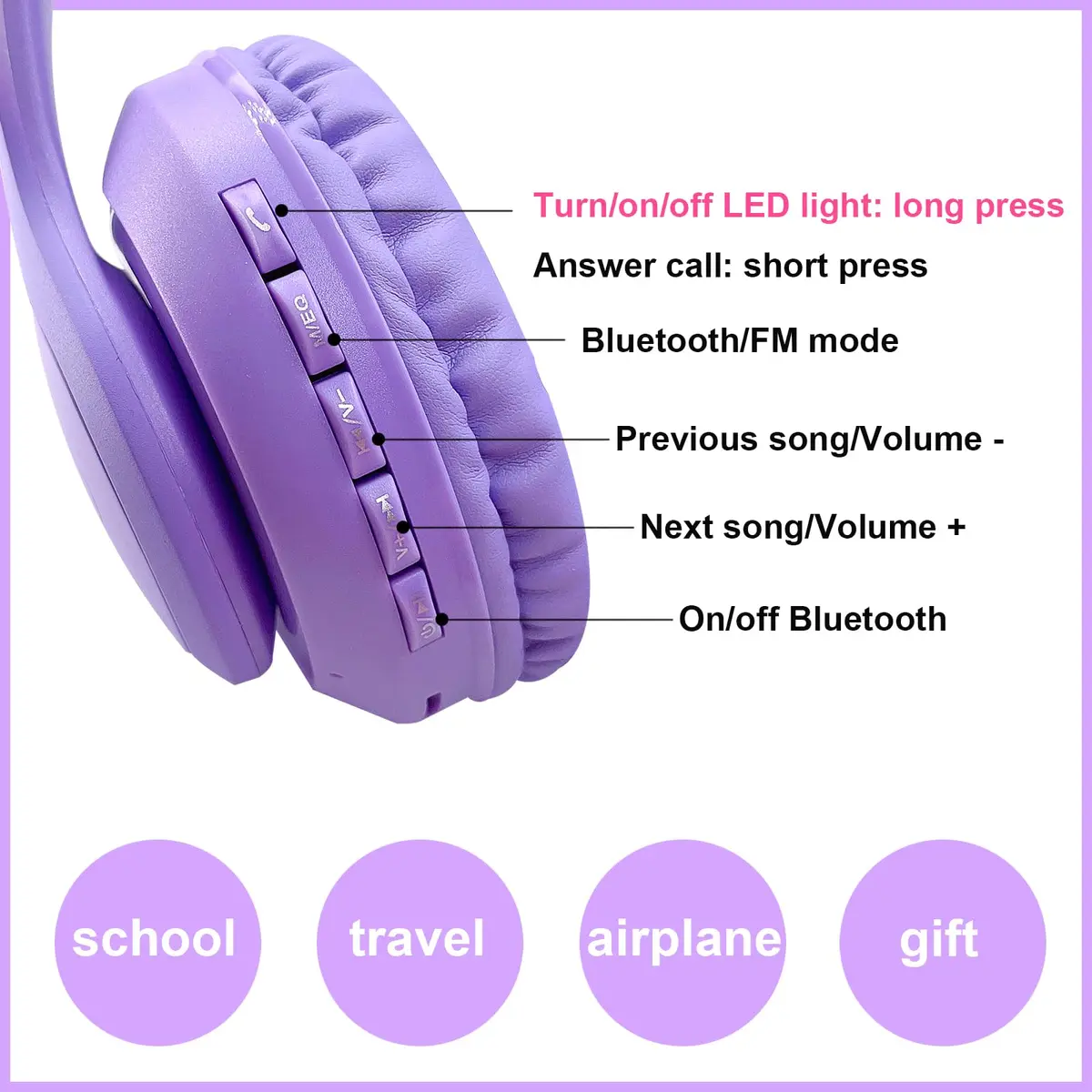 HOYJACY Kids Bluetooth Headphones with LED Cat Ears | Wireless & Wired, Foldable, 40mm Stereo, Microphone, Purple - view 4