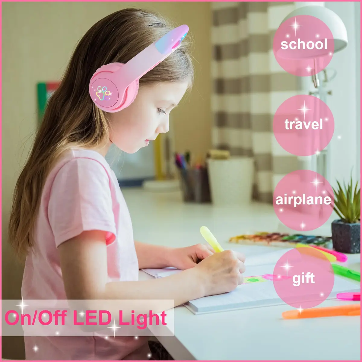 HOYJACY Cat Ear Kids Bluetooth Headphones Pink | LED Light Up Wireless & Wired Kids Headphones with Microphone - view 2