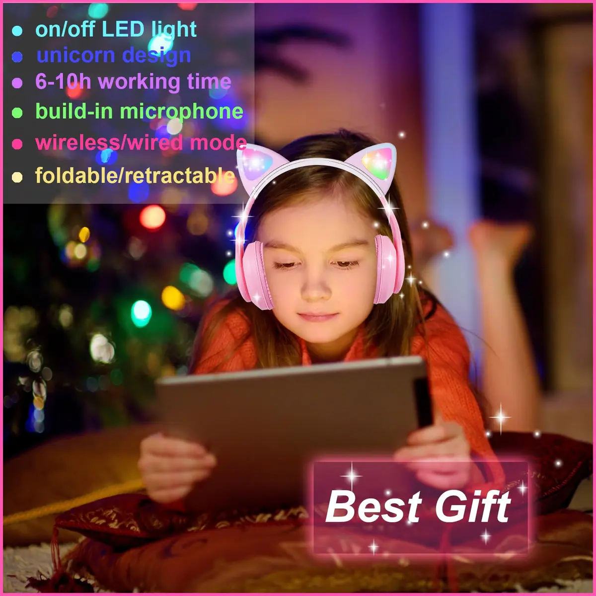HOYJACY Cat Ear Kids Bluetooth Headphones Pink | LED Light Up Wireless & Wired Kids Headphones with Microphone - view 3