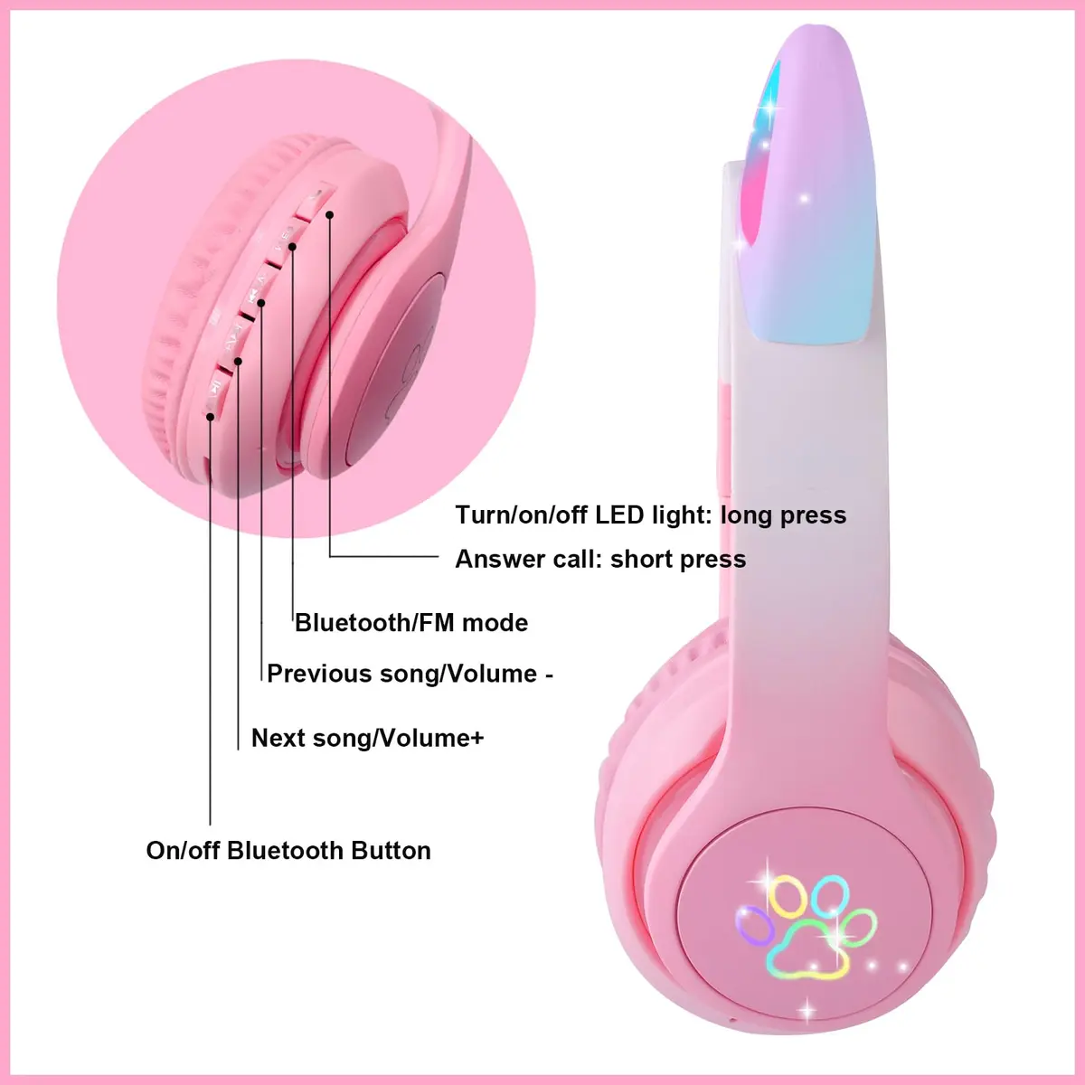 HOYJACY Cat Ear Kids Bluetooth Headphones Pink | LED Light Up Wireless & Wired Kids Headphones with Microphone - view 4