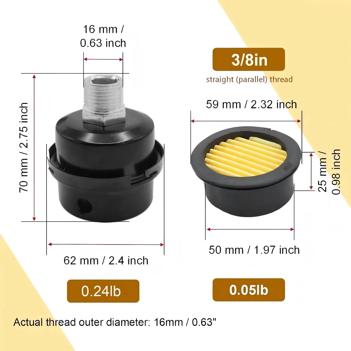 Joyangy 2-Pack 3/8" Straight Thread Air Compressor Intake Filter Silencer Muffler, 16mm Metal Filter Element - view 2