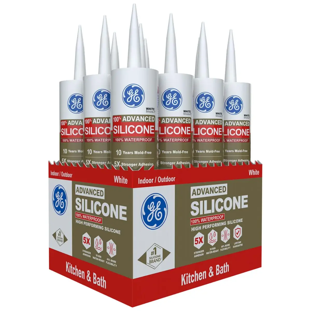 GE Advanced Silicone 2 Kitchen & Bathroom Caulk, White, 10 fl oz Cartridge, 12 Pack | Waterproof Sealant with 5X Stronger Adhesion - main product image