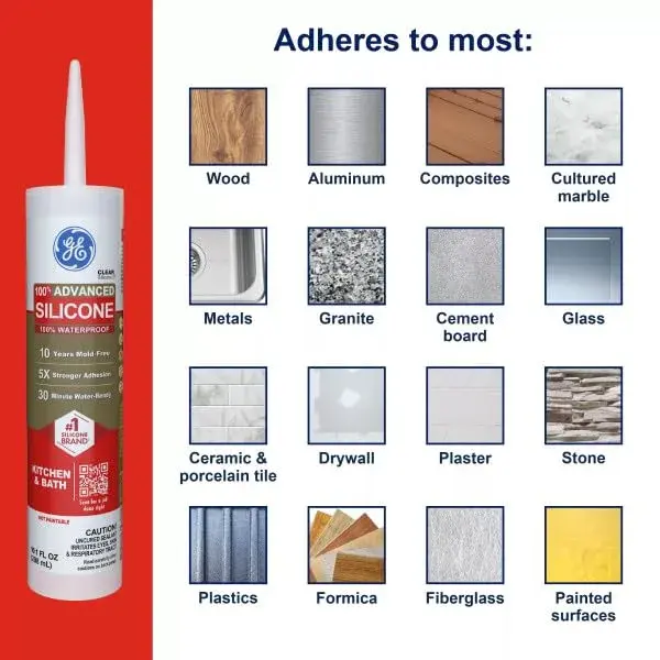 GE Advanced Silicone 2 Kitchen & Bathroom Caulk, White, 10 fl oz Cartridge, 12 Pack | Waterproof Sealant with 5X Stronger Adhesion - view 6
