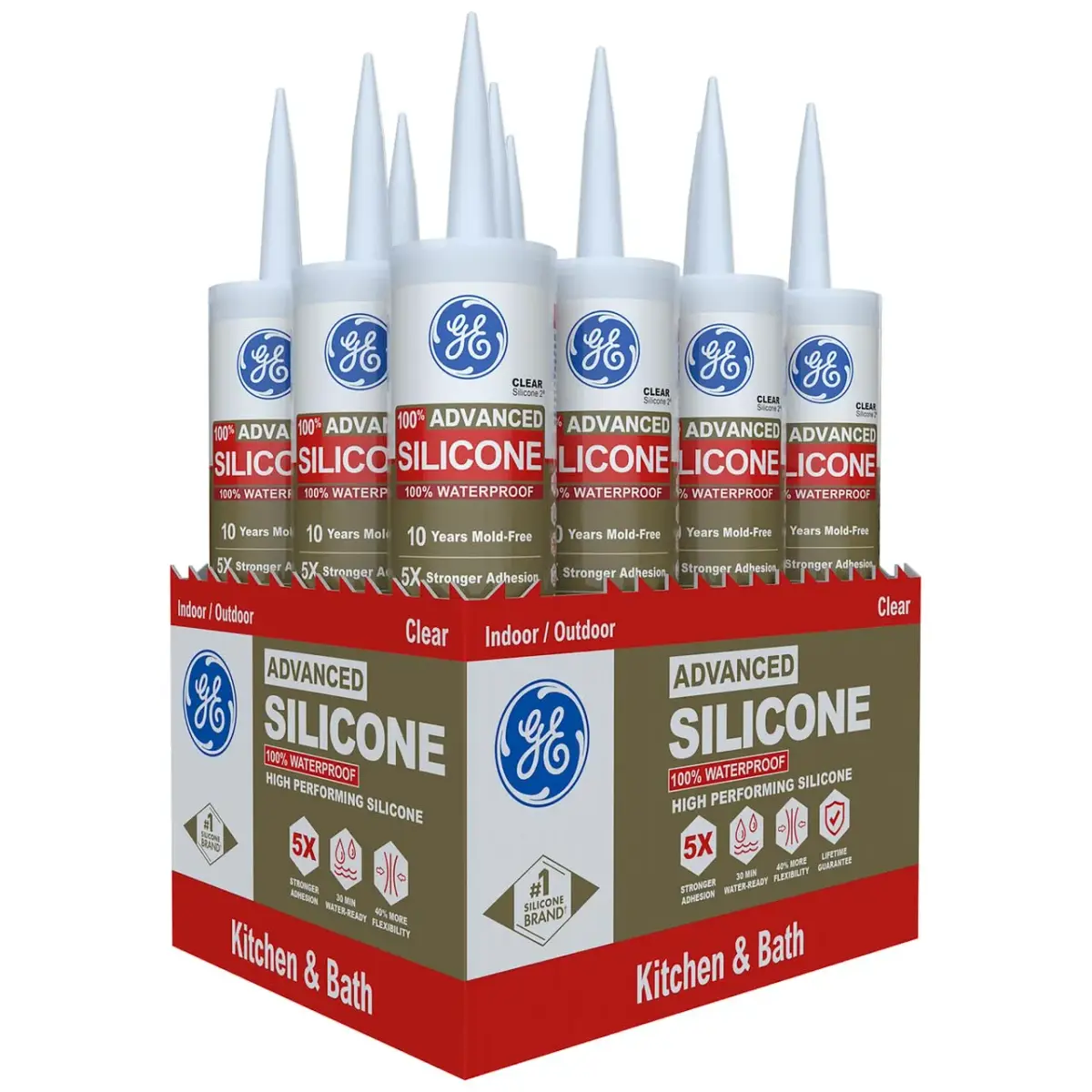 GE Advanced Silicone Caulk for Kitchen & Bathroom, Clear, 10 fl oz (296ml) Cartridge, 12 Pack | 5X Stronger Adhesion - main product image